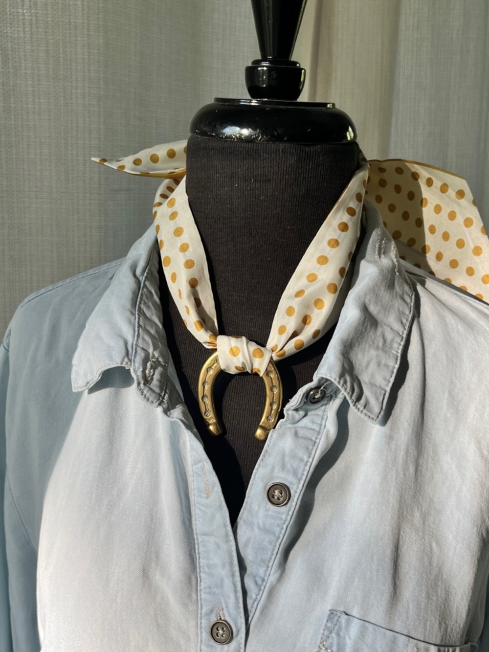 Polka Dot Silk Scarf with Gold Antique Horse Shoe Medallion